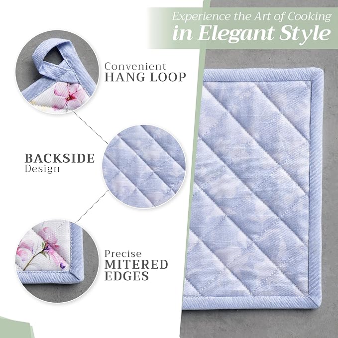 Maison d' Hermine Pot Holders 100% Cotton Heat Resistant Potholders 8" x 8" Hot Pads with Loop BBQ Cooking Baking Gifts for Mothers Day Handling Hot Pans Spring/Summer (Pack of 1, Summer Floral)