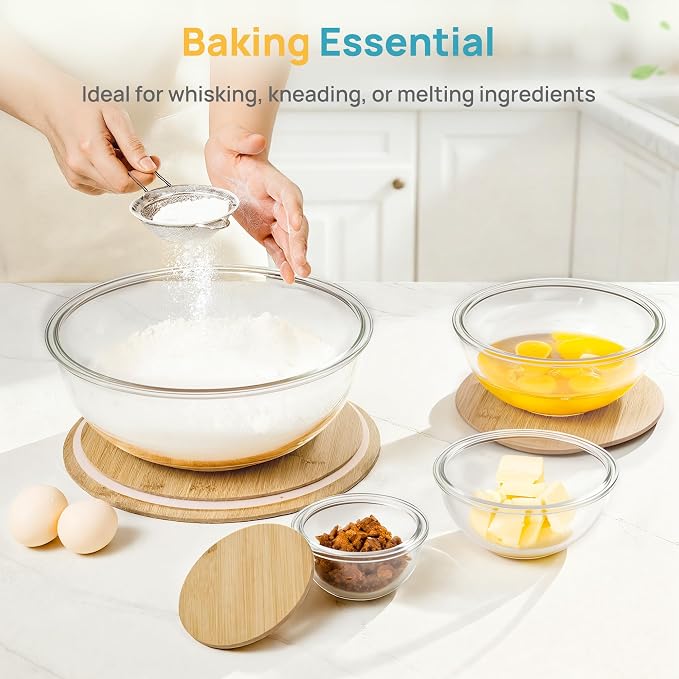 Vtopmart 5 Pack Glass Mixing Bowls with Bamboo Lids Set (3.75/2.1/1.1/0.5/0.2 QT), Salad Bowl Set, Nesting Kitchen Bowls for Serving, Prepping, Cooking and Baking, Dishwasher & Microwavable Safe