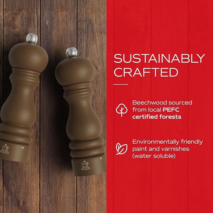 Peugeot Paris u'Select 7-inch Salt & Pepper Mill Set - Manual Mills with Adjustable Precision Grinding - Kitchen Seasoning, Stainless Steel & Beechwood, Elegant Kitchen Tools (Mocha)