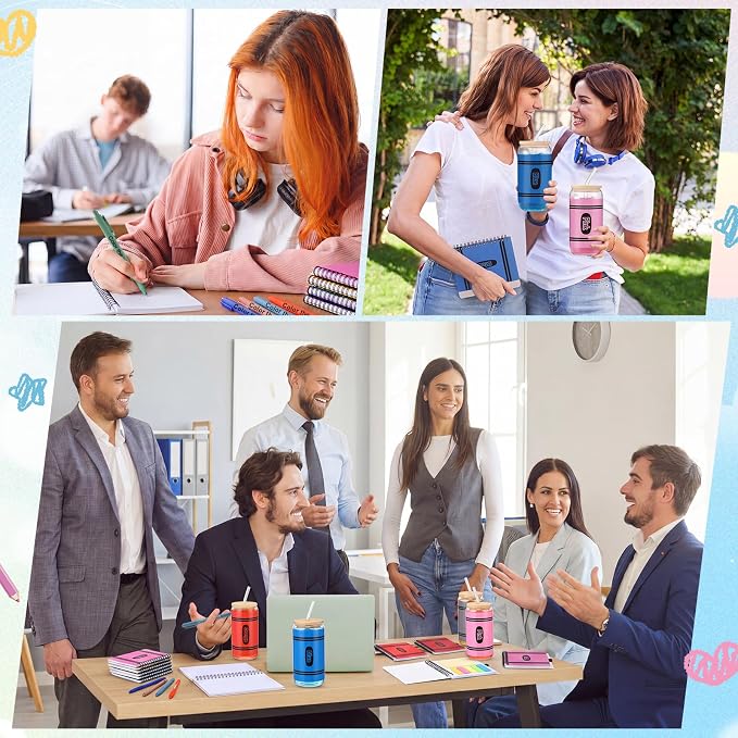 Skylety 12 Set Back to School Teachers Appreciation Gifts Bulk 16 oz Crayon Cups with Lid and Straw Spiral Notebooks Sticky Note Pens for Back to School Party Classroom Supplies