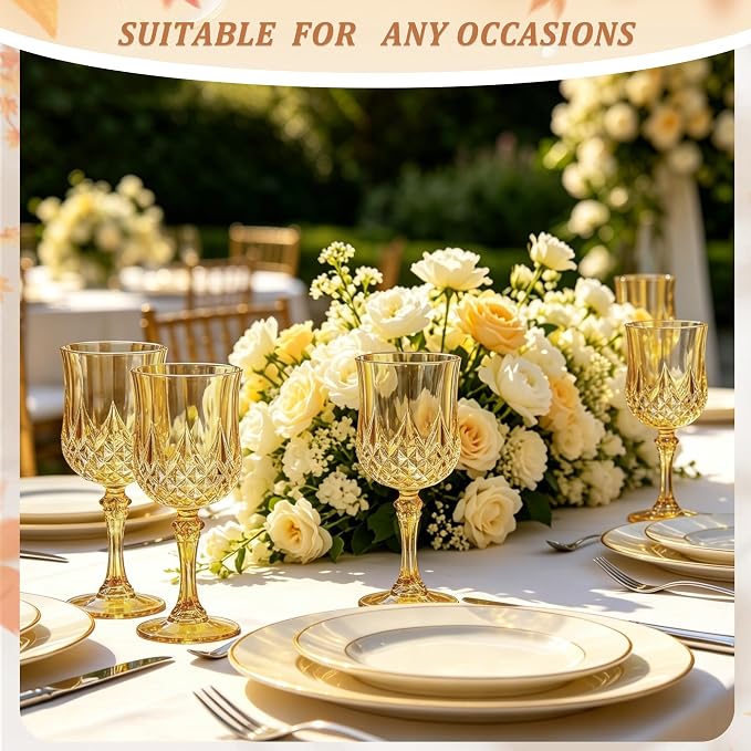 7OZ Plastic Wine Glasses, Reusable Vintage Goblets Unbreakable Drinking Glasses Crystal Water Cups Champagne for Wedding, Parties (24, Gold)