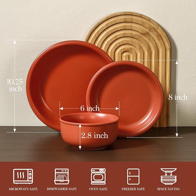 GZG Vintage Series - Ceramic Dinnerware Set for 2, 6 Pieces Stoneware Plates and Bowls Set, Lead-Free, Handcrafted Dishes Set, Microwave & Dishwasher Safe - Terracotta Red