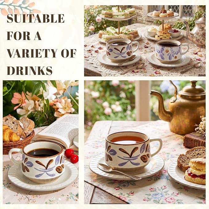 LemonRoad Vintage Tea Cup and Saucer Set of 2, 10oz Porcelain Coffee Mugs with Saucer for Latte Mocha Cappuccino Ceramic Teacups for Housewarming Wedding Gifts Kitchen Table Decor