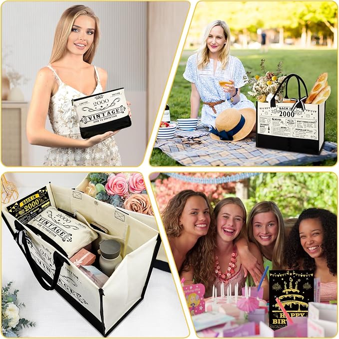 YeohJoy 26th Birthday Gifts for Women Canvas Tote Bag Travel Gear, Unique 26th Years Old Gifts for Girlfriend Friends Sister Her, Vintage 2000 Handbag & Makeup Bag & 26th Birthday Card