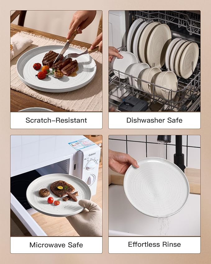 12-Piece Reactive Glaze Stoneware Dinnerware Sets for 4 - Coupe Plates and Bowls with Speckles & Spirals - Chip & Scratch Resistant, Microwave & Dishwasher Safe, Modern Rustic, White