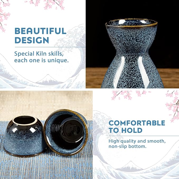 DUJUST 5 pcs Japanese Sake Set, Kiln Altered Glaze Porcelain Sake Set, 1 Bottle, 4 Cups & 1 Gift Box, Warm Carafe, Special Japanese Gift Set - Blue