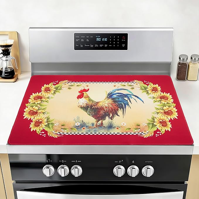 Farmhouse Rooster Stove Top Covers for Electric Stove 20x28 Inch Farmhouse Heat Resistant Glass Top Stove Cover Washable Foldable Cooktop Protector