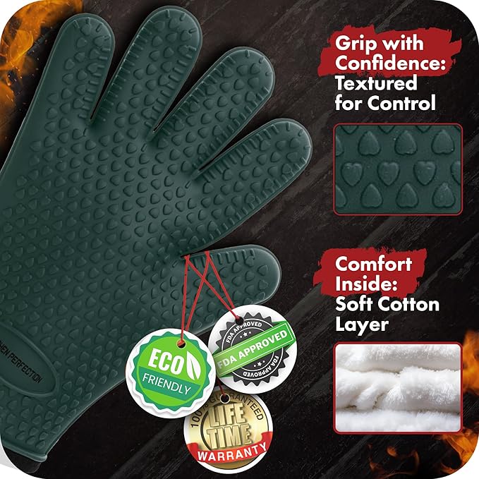 KITCHEN PERFECTION Silicone Smoker Oven Gloves - Extreme Heat Resistant BBQ Gloves - Handle Hot Food Right on Your Grill Fryer Pit | Waterproof Oven Mitts | Superior Value Set + 3 Bonuses