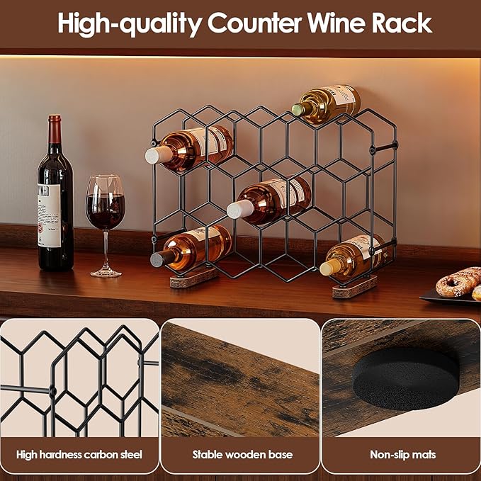 Nuovoware Countertop Wine Rack, 14-Bottle Freestanding Modern Carbon Steel Holder Hexagonal Structure, 3 Tier Tabletop Wine Bottle Organizer Storage for Cabinet, Pantry, Black+Retro Brown