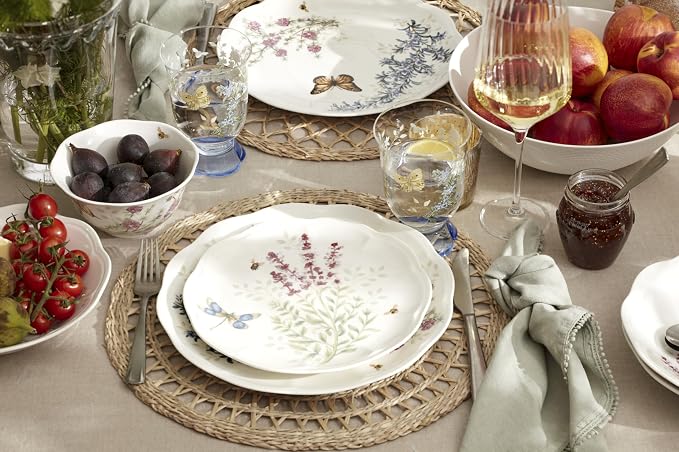 Lenox Porcelain Dinnerware Sets For 4, Butterfly Meadow Herbs 12-Piece Dinnerware Set, Service For 4, Microwave Safe Plates, White Dinner Plates and Bowls Sets, Dishes, Kitchen and Dining (12 Piece)