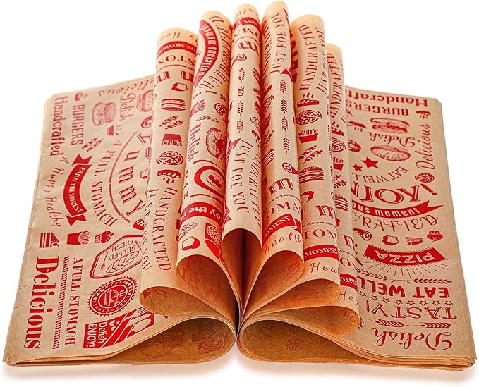 Marspark 200 Pcs Deli Wax Paper Sheets 12 x 12 Inches Square Grease Resistant Tray Basket Liners Hot Dog Wrappers Newsprint Water and Grease Proof Sandwich Wrapping Paper for Food Baking (Brown Red)