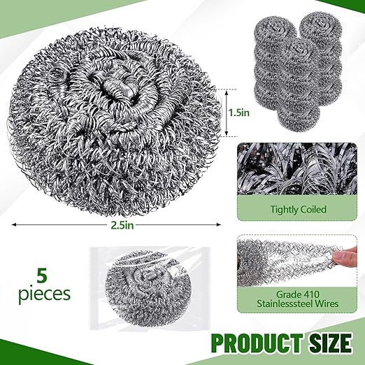 Honeydak 5 Pack Stainless Steel Scourers Steel Wool Scrubbers Bulk Separately Packaged 2.5 Inch, 15 Gram Metal Scourers Sponges Wire Scouring Pad for Stove Pot Pan Oven Kitchen Restaurant(Classic)