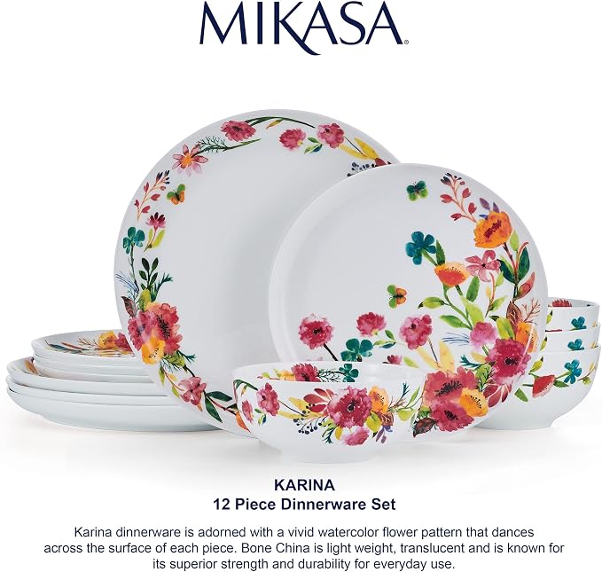 Mikasa Karina Bone China Lightweight Chip Resistant 12 Piece Dinnerware Set, Service for 4