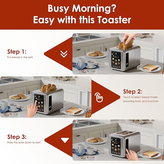 WHALL Full Touch Screen Toaster 2 Slice, 1.5'' Wide Slot Stainless Steel Toaster with Digital Timer, 6 Bread Types & 6 Shade Settings, Crumb Tray, Reheat/Defrost, Smart Toasters for Bagels, Silver