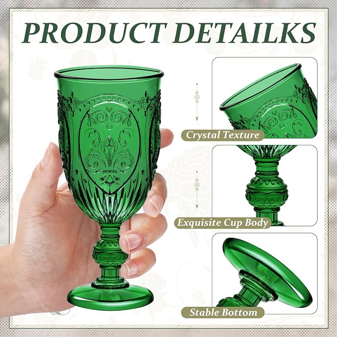 Wiwiqing 6 Pcs Plastic Goblets 7.5oz Vintage Goblet Plastic Wine Glasses Colored Retro Embossed Water Goblets for Wine Bar Juice Baby Shower Wedding Reception Grand Event Party (Dark Green)