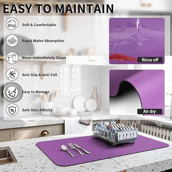 HotLive Dish Drying Mat for Kitchen Counter, Heat Resistant Drainer Mats with Non-slip Rubber Backed, Hide Stain Kitchen Super Absorbent Draining Mat, Easy to Clean Dish Rack Pad, Purple 16"x18"