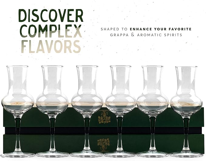 Crystal Grappa and Cordial Glasses | Set of 6 | Small 3 oz Long Stemmed Spirit Glassware for Liqueur, After Dinner Drink, Aperitif, Digestive | Italian Tulip Shaped Liquor Stemware for Nosing, Sipping