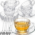 Noamus 6 Pack Glass Teacup and Saucer&Spoons Set, 5Oz/150ml Clear Coffee Mugs with Handles, Dishwasher Microwave Safe Glassware for Espresso Latte Juice Cappuccino Cereal Yogurt Milk Hot/Clod Beverage