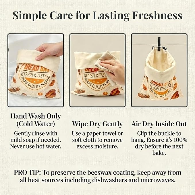 FWOAFTER 2 Pack Beeswax Bread Bags for Homemade Sourdough (13"x17") - Double Layer Cotton Lined Reusable Keeper - Breathable Buckle Closure for Artisan Loaves, Baguettes & Pastries