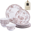 222 Fifth Adelaide Brown on White 12-Piece Dinnerware Set – Service for 4, Big Dinner Plates and Bowls Sets,Durable Porcelain, Microwave and Dishwasher Safe, for Everyday Dining & Entertainment