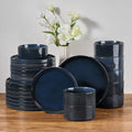 E-far 24-Piece Stoneware Dinnerware Sets, Plates and Bowls Sets for 8, Kitchen Dinning Porcelain Ribbed Dishes Set, Chip & Scratch Resistant, Dishwasher & Microwave Safe, Midnight Blue
