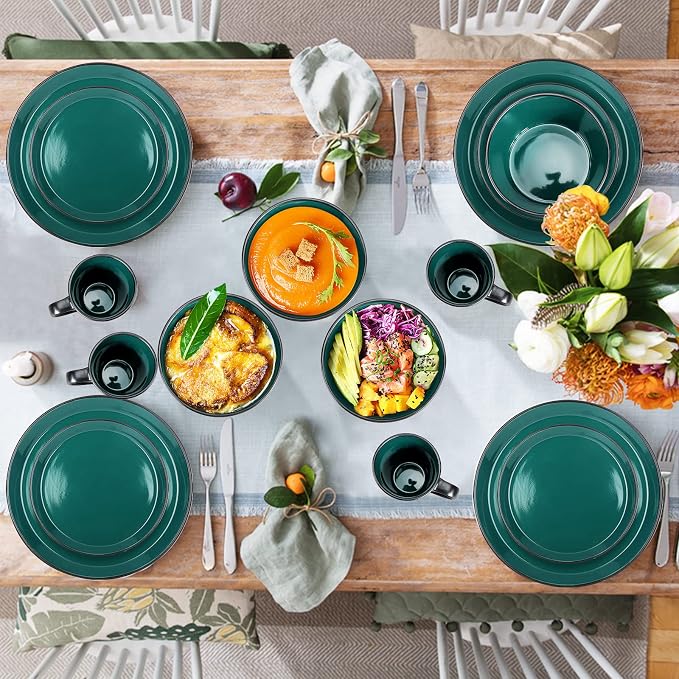 Plates and Bowls Sets, 16 Pieces Dinnerware Sets, Dishes Set for 4, Christmas, Kitchen Set is Home Essentials, Dark Green & Black