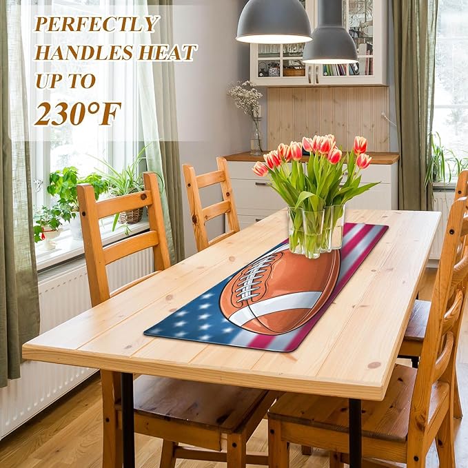 2 in 1 Table Runner Trivet for Hot Pots and Pans Heat Resistant Non Slip Waterproof 39 x 12 Inch Decorative Table Protector for Kitchen Countertop Cartoon Neon-Colored Patriotic Football