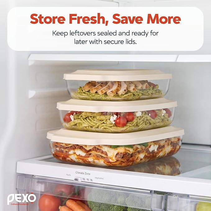 6-Piece Deep Glass Baking Dishes with Plastic Lids, Clear Glass Bakeware with Silicone Handles, (2.11QT, 3QT, 4.12QT) Casserole Dishes, Oven Dishwasher and Freezer safe, Rectangular Stackable Nesting Baking Dish set (White)
