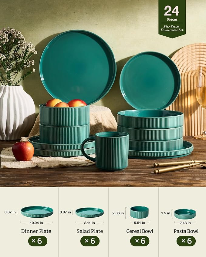 Famiware Star 24-Piece Stoneware Dinnerware Set for 6 – Shallow Pasta Bowls & Flat Plates – Everyday & Formal, Modern Rustic Dishes – Chip & Scratch Resistant, Microwave & Dishwasher Safe, Sage Green