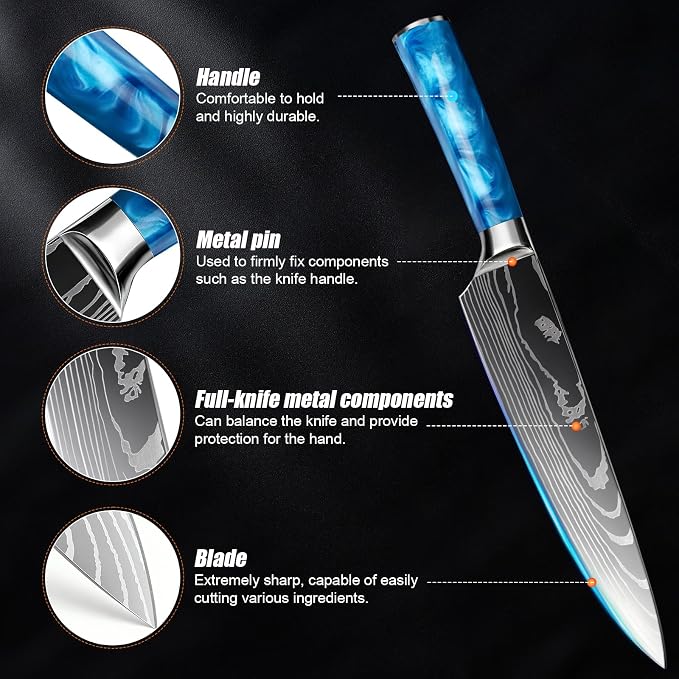 3-Piece Premium Japanese Kitchen Knife Set - Star Collection, Laser Damascus Pattern, 440A Stainless Steel Ultra Sharp for Fast Cutting (Blue 3J)