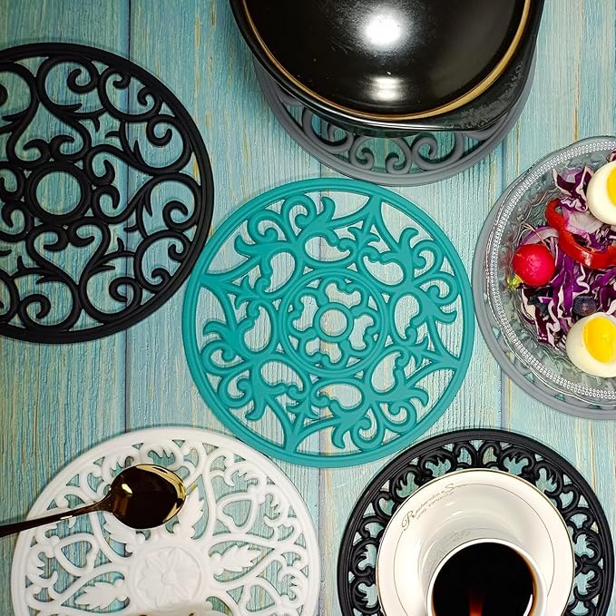 Silicone Trivets for Hot Dishes, Hot Pots and Pans, Modern Silicone Hot Pads for Kitchen, Multi-Use Intricately Carved Trivet Mat for Contertop, Blue Round Pot Holders for Table Top Pack 6