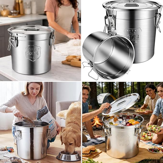 Suclain 3 Pcs 21L 304 Stainless Steel Airtight Canister Large Stainless Steel Food Storage with Locking Lid Metal Leak-proof Container for Pantry Organization Rice, Flour, Oil, Water