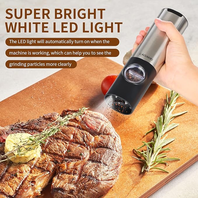 Electric Salt and Pepper Grinder Set Rechargeable Automatic Pepper Mill Grinder Stainless Steel Kitchen Gadgets Adjustable Coarseness Shakers, One Hand Operation, 2 Pack