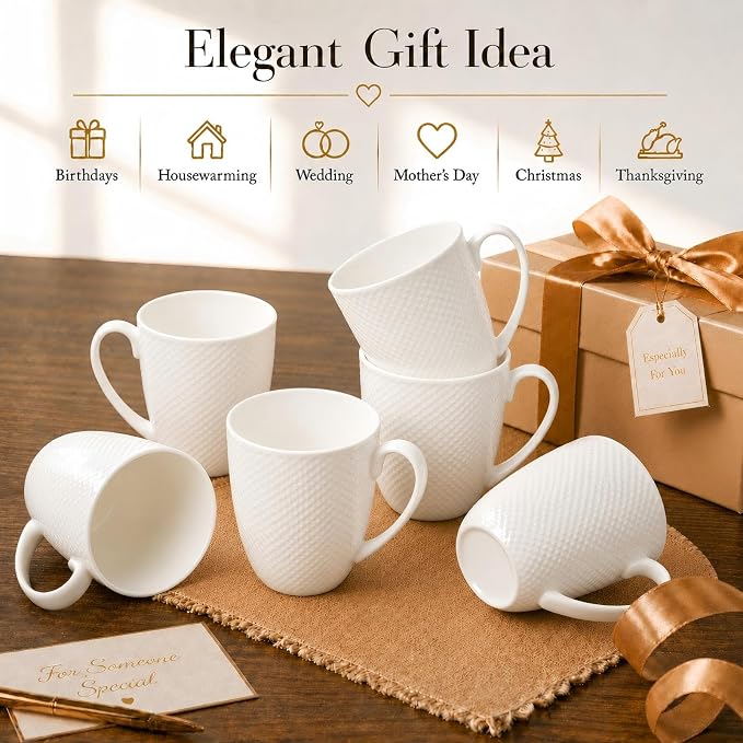 12 Oz Coffee Mugs Set of 6, Fine Bone China Mugs, White Ceramic Coffee Cups, Rhombus Relief Texture, Lightweight Tea Mugs for Latte, Hot Cocoa, Women, Men