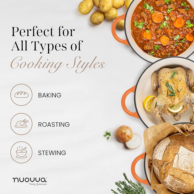 Nuovva Enamelled Cast Iron Dutch Oven Pot with Lid-6.4 Quart Non Stick Casserole Pot-Heavy Duty & Oven Safe up to 500° F for Bread Baking, Braising, Stews, Roasting - 28cm Orange