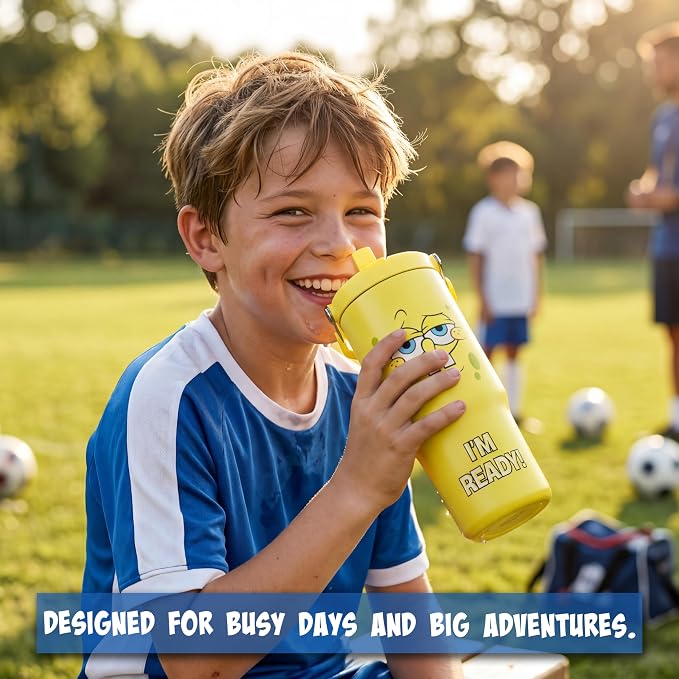 Get Trend SpongeBob SquarePants 30oz Tumbler with Handle and Straw, Kids Stainless Steel Insulated Water Bottle, BPA-Free, Leak-Proof, Cold for 12h, Hot 5h, Gifts for Boys Girls (Yellow SpongeBob)