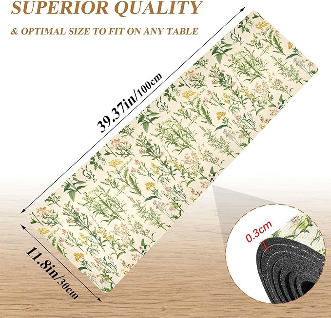 Herbaceous Plants Flowers Trivet Table Runner Heat Resistant 230F for Hot Dishes Pots Plates Kitchen Dining Table Protector Decorative 39.37 X 11.8 Inch
