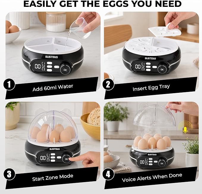 SUSTEAS Breakfast Prep Bundle 9-Capacity Rapid Egg Cooker (Soft/Medium/Hard, Timer, Voice Prompts) and Rotary Cheese Grater (5 Blades, Suction Base, Blade Storage Box) – Premium Black