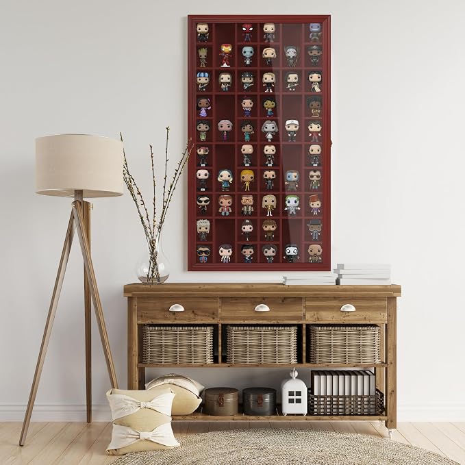 Shot Glass Display Cabinet Solid Wood - Large Display Case for Collectibles | Man Cave Accessories | UV Protection Acrylic Door | Wall Mounted Black Shadow Box | 52 Slots | 32"x17" Mahogany
