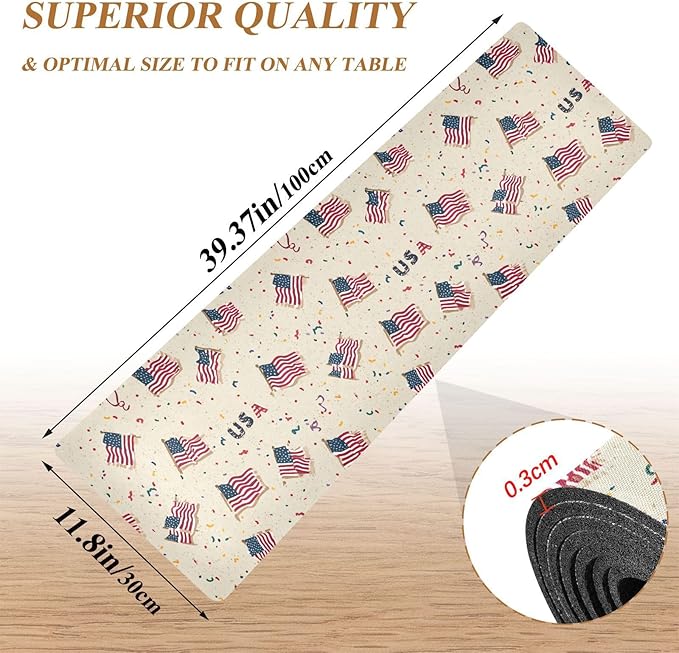 2 in 1 Table Runner Trivet for Hot Pots and Pans Heat Resistant Non Slip Waterproof 39 x 12 Inch Decorative Table Protector for Kitchen Countertop Patriotic American Flags