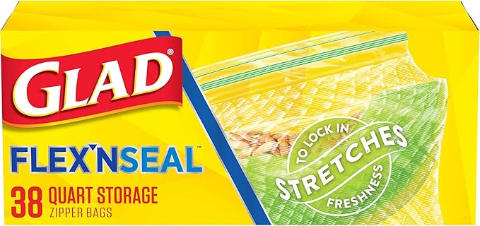 Glad Flex'N Seal Food Storage Plastic Bags, Quart, 38 Count (Package May Vary)