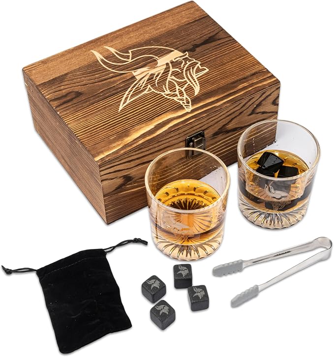 The Memory Company Officially Licensed NFL Wood Boxed Drinkware Set - 2 Premium Rocks Glasses with Laser-Etched Team Logo & Reusable cooling cubes, Whiskey & Cocktail Gift Set for Football Fans