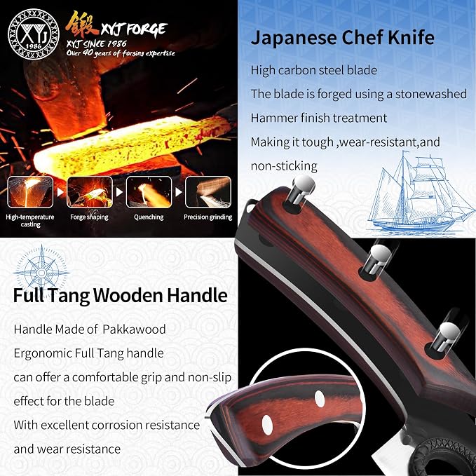 XYJ Knife Block Set, Professional Kitchen Knife Set with Magnetic Knife Block, Cutting Board, Honing Steel, High-Carbon Steel forged Blades, Chef's Knife, Cleaver, Carving Knife, Full Tang Design