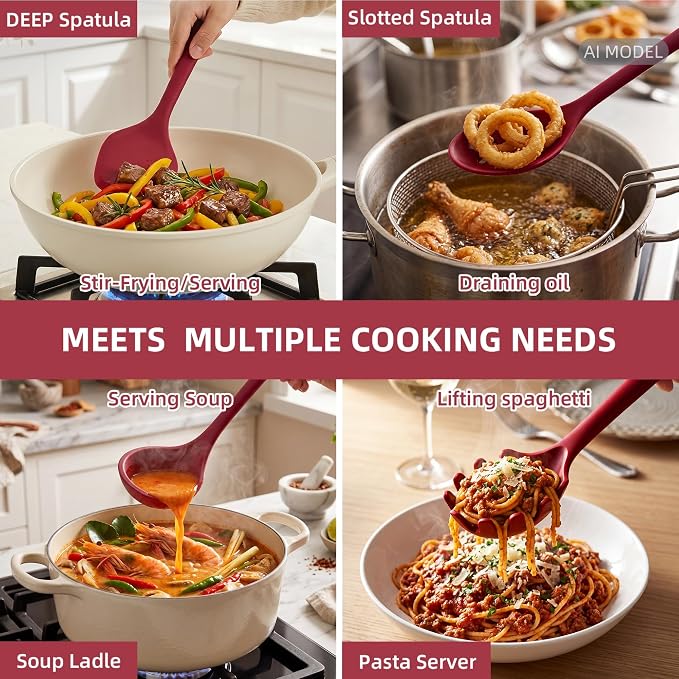 Kitchen Utensils Set,9 PCS Silicone Cooking Utensils Set Spatula Set,Cooking Utensils Tool,Tongs,Spoon,Whisk,Brush,Dishwasher Safe Kitchen Gadgets for Non-Stick Cookware,Home Essential(Red)