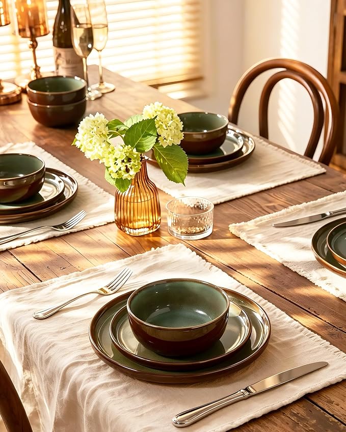 Famiware Milkyway Stoneware Dinnerware Set, 12-Piece, Double Reactive Glaze, Plates and Bowls, Service for 4, Microwave and Dishwasher Safe, Scratch-Resistant, Moss Green & Cocoa