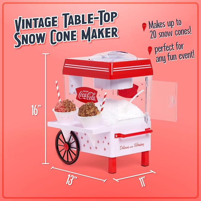 Nostalgia Coca-Cola Snow Cone Machine – Retro Table-Top Snow Cone Maker with Stainless Steel Blades – Slushie Machine Includes 2 Reusable Plastic Cups & Ice Scoop, Makes 20 ICY Treats - White & Red
