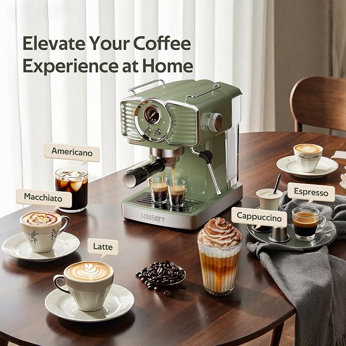 SUMSATY Espresso Machine 20 Bar, Retro Espresso Maker with Powerful Milk Frother Steam Professional Expresso Machine for Home with 61oz Water Tank Cappuccino & Latte Maker, Green