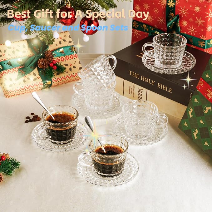 Glass Espresso Shot Cups with Saucers Set of 6, Clear Small Demitasse Cup with Stainless Steel Spoons, Dishwasher Safe Coffee Mugs for Tea Hot Chocolate Cappuccino, 5OZ/150ML, Diamond