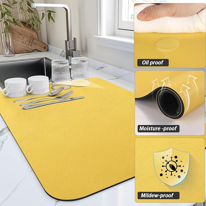 HotLive Dish Drying Mat for Kitchen Counter, Heat Resistant Drainer Mats with Non-slip Rubber Backed, Hide Stain Kitchen Super Absorbent Draining Mat, Easy to Clean Dish Rack Pad, Yellow 16"x18"