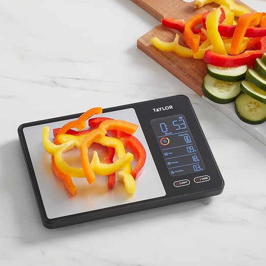 Taylor 5340117 Smart Food Scale with Precision Hub App, Digital Kitchen Scale for Macro Tracking and Calorie Logging, 11 lb Capacity, Measures Grams, Ounces & Liquids, Batteries Included